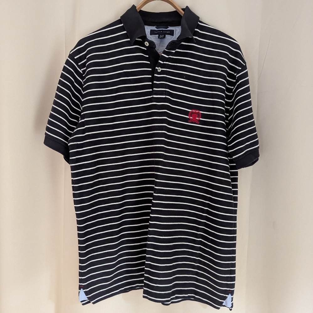 Tommy Hilfiger Navy and White Striped Shirt Sleeve Polo Men's XL 100% Cotton